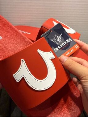 True Religion Men’s Red Slide Sandals with White Logo